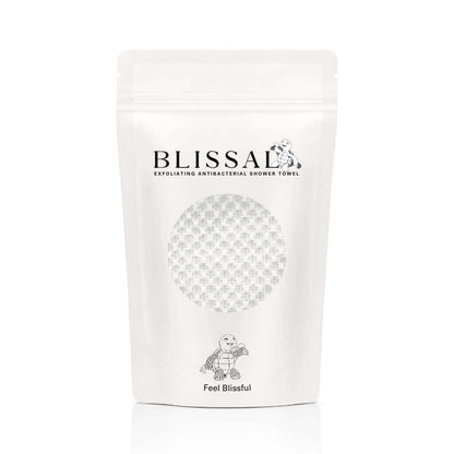 Men and women using Blissal exfoliating towel with key benefits like deep exfoliation, sensitive-skin friendly, and rich lather
