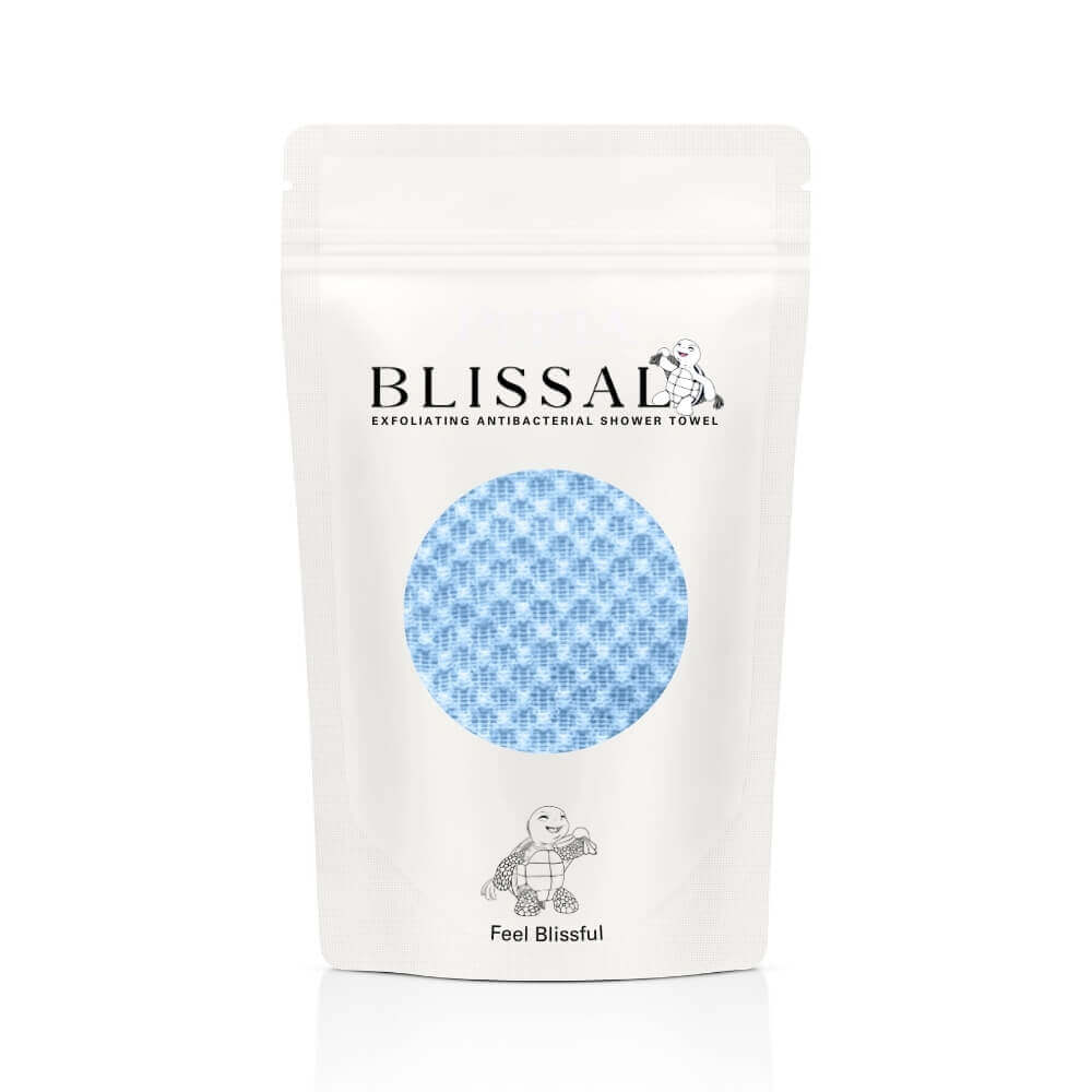 Step-by-step guide showing how to use the Blissal antibacterial exfoliating towel for full-body cleansing