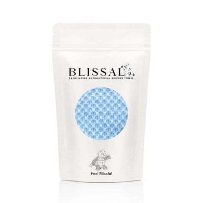 Step-by-step guide showing how to use the Blissal antibacterial exfoliating towel for full-body cleansing