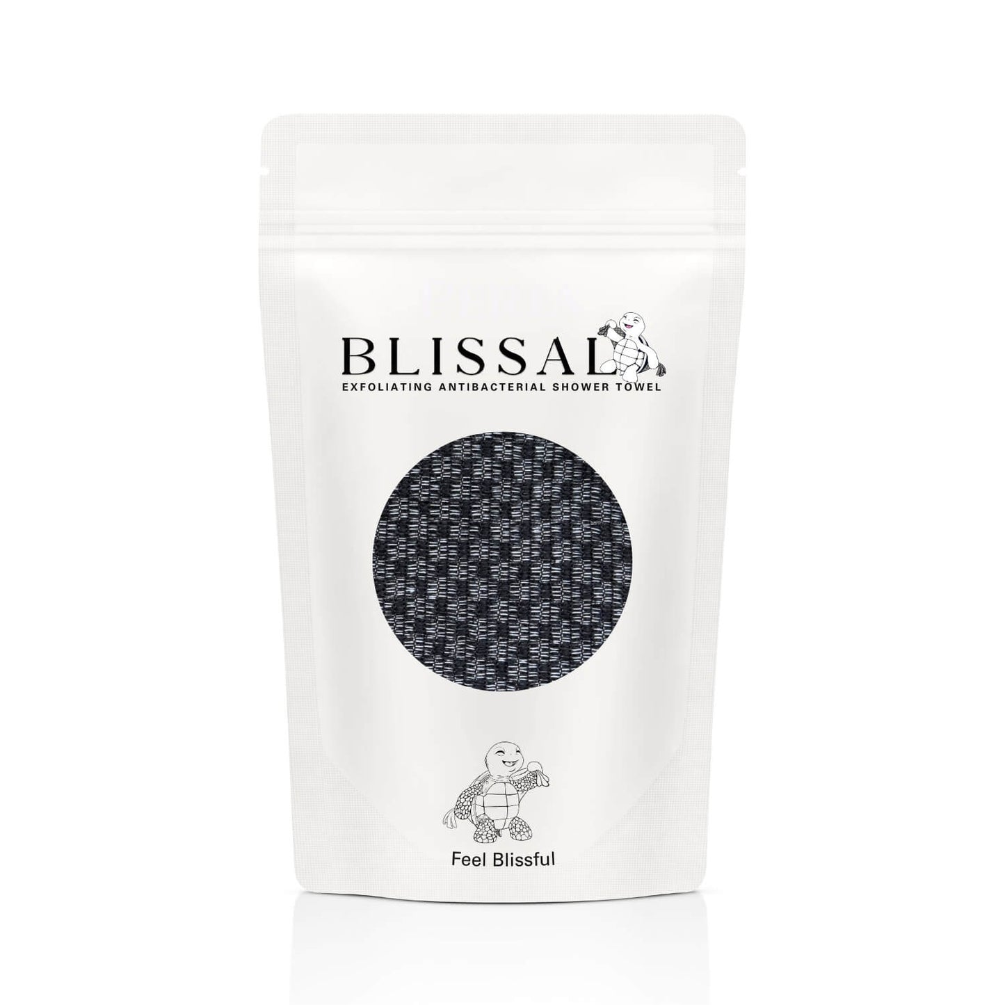 Blissal exfoliating antibacterial shower towel in premium resealable gift-ready packaging