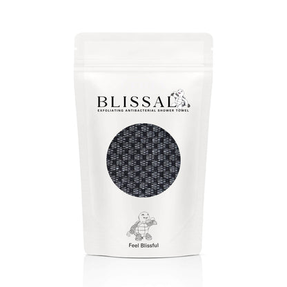 Blissal exfoliating antibacterial shower towel in premium resealable gift-ready packaging